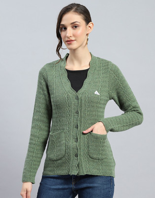 MONTE CARLO Self Design V Neck Casual Women Green Sweater