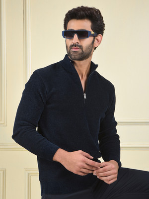 CRIMSOUNE CLUB Self Design High Neck Casual Men Blue Sweater