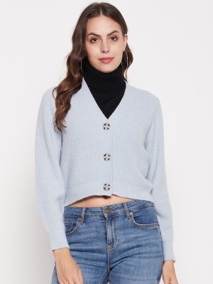 MADAME Solid V Neck Casual Women Light Blue Sweater