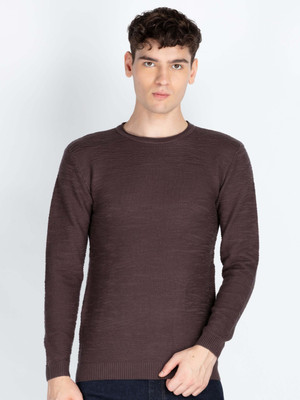 Status Quo Solid Round Neck Casual Men Brown Sweater
