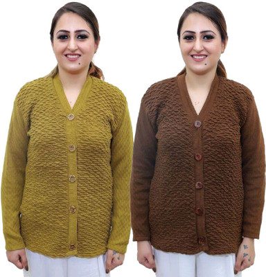 Shunit creation Self Design V Neck Casual Women Green, Brown Sweater