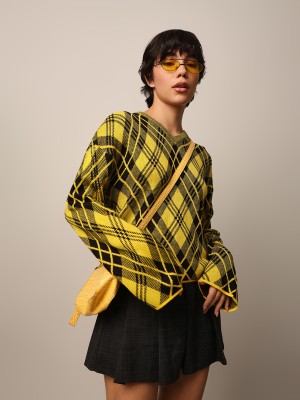 ONLY Checkered V Neck Casual Women Yellow Sweater