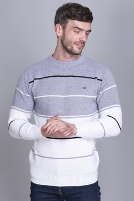 eWools Striped Round Neck Casual Men White, Grey Sweater