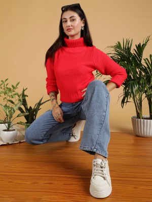 KOTTY Solid High Neck Casual Women Red Sweater