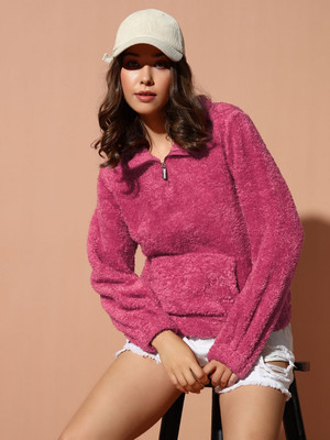 THE DRY STATE Self Design Collared Neck Casual Women Pink Sweater