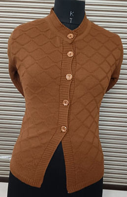 Keshavi Self Design Mandarin Neck Casual Women Brown Sweater