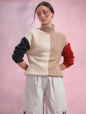 Dressberry Colorblock Turtle Neck Casual Women Multicolor Sweater