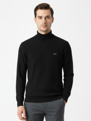 Parcel Yard Solid Turtle Neck Casual Men Black Sweater