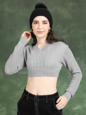 Tokyo Talkies Solid V Neck Casual Women Grey Sweater