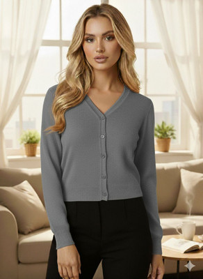 urban trees Solid V Neck Casual Men Grey Sweater