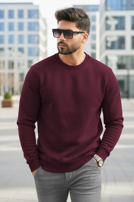 TRIPR Solid Round Neck Casual Men Maroon Sweater