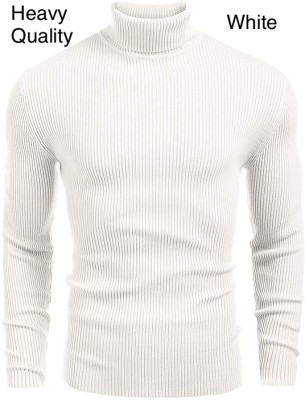 HouseOfCommon Self Design High Neck Casual Men White Sweater