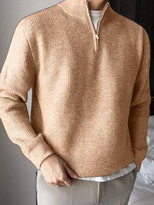 ColorChakra Self Design High Neck Casual Men Beige Sweater
