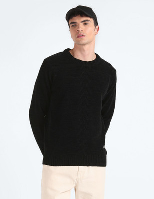 FLYING MACHINE Solid Crew Neck Casual Men Black Sweater