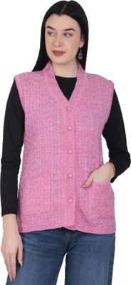 HITTIKA Self Design V Neck Casual Women Pink Sweater