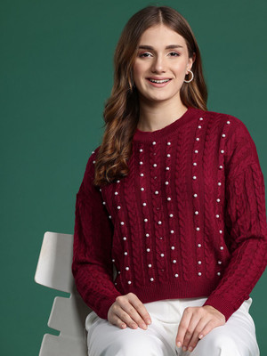 Dressberry Self Design Round Neck Casual Women Maroon Sweater
