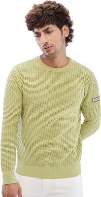 Spykar Self Design Round Neck Casual Men Green Sweater