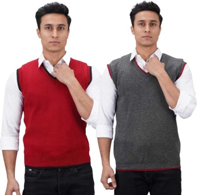 DRACEANA Solid V Neck Formal Men Red, Grey Sweater