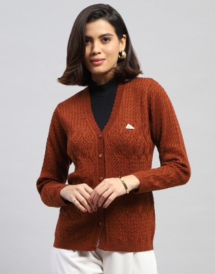 MONTE CARLO Embroidered V Neck Casual Women Brown Sweater