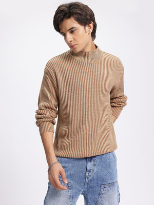 Glitchez Self Design Turtle Neck Casual Men Beige Sweater