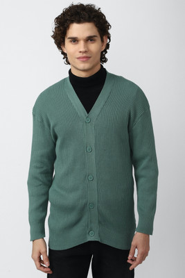 FOREVER 21 Self Design V Neck Casual Men Green Sweater