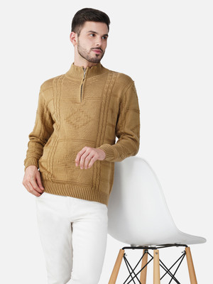 Joe Hazel Self Design Turtle Neck Casual Men Beige Sweater