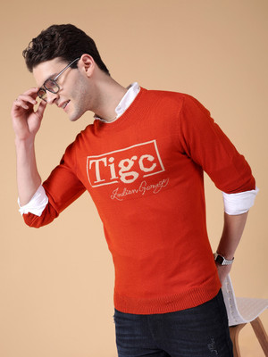 The Indian Garage Co. Self Design Crew Neck Casual Men Orange Sweater