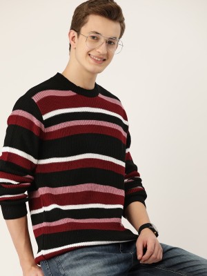 Mast & Harbour Striped Round Neck Casual Men Red Sweater