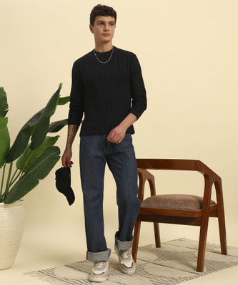 CANBLAR Striped Round Neck Casual Men Black Sweater