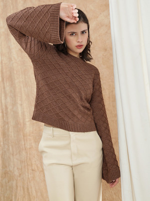Globus Printed Round Neck Casual Women Brown Sweater