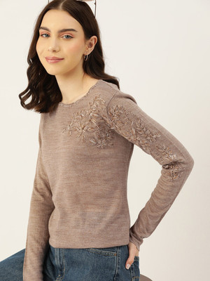 Dressberry Embroidered Round Neck Casual Women Brown Sweater