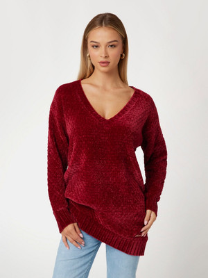 GUESS Self Design V Neck Casual Women Red Sweater