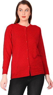 HITTIKA Self Design, Woven Round Neck Casual Women Red Sweater