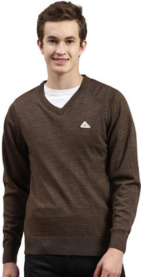 MONTE CARLO Solid V Neck Casual Men Brown Sweater