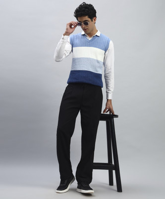 SILVANUS Colorblock V Neck Casual Men Blue Sweater