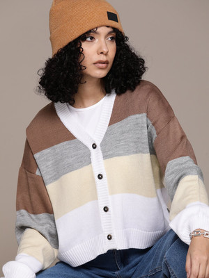 Roadster Colorblock V Neck Casual Women Brown Sweater