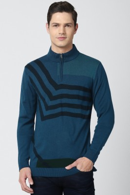 PETER ENGLAND Striped High Neck Casual Men Blue Sweater