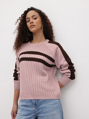 Roadster Striped Round Neck Casual Women Pink Sweater