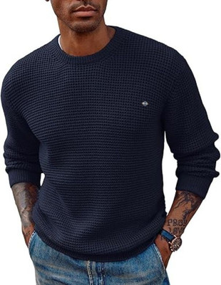 COLORCHAKRA Self Design Round Neck Casual Men Dark Blue Sweater