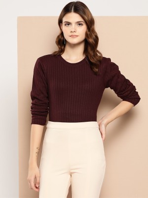 her by invictus Solid Round Neck Casual Women Brown Sweater