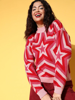 Berrylush Chevron/Zig Zag High Neck Casual Women Pink Sweater
