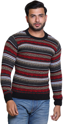 Grand Line Woven Round Neck Casual Men Black Sweater