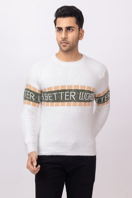 RUDRAKSH Self Design Round Neck Casual Men White Sweater