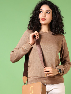 V-MART Self Design Round Neck Casual Women Brown Sweater
