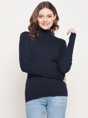 98 Degree North Self Design High Neck Casual Women Dark Blue Sweater