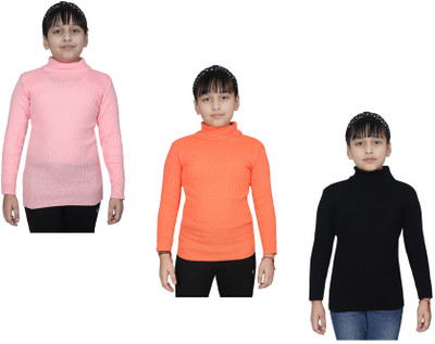 IndiWeaves Solid High Neck Casual Girls Multicolor Sweater