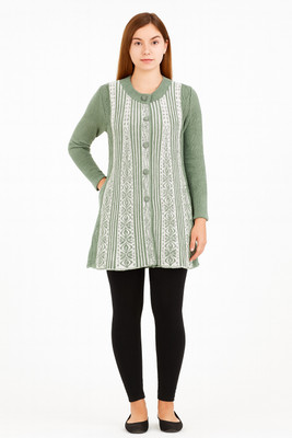 manra Self Design Round Neck Casual Women Green Sweater