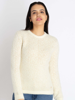 Status Quo Solid Round Neck Casual Women Beige Sweater