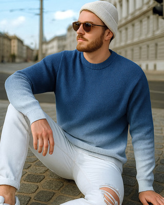 BEWAKOOF Self Design Round Neck Casual Men Blue Sweater