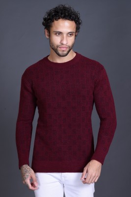 DZANT Checkered Round Neck Casual Men Maroon Sweater